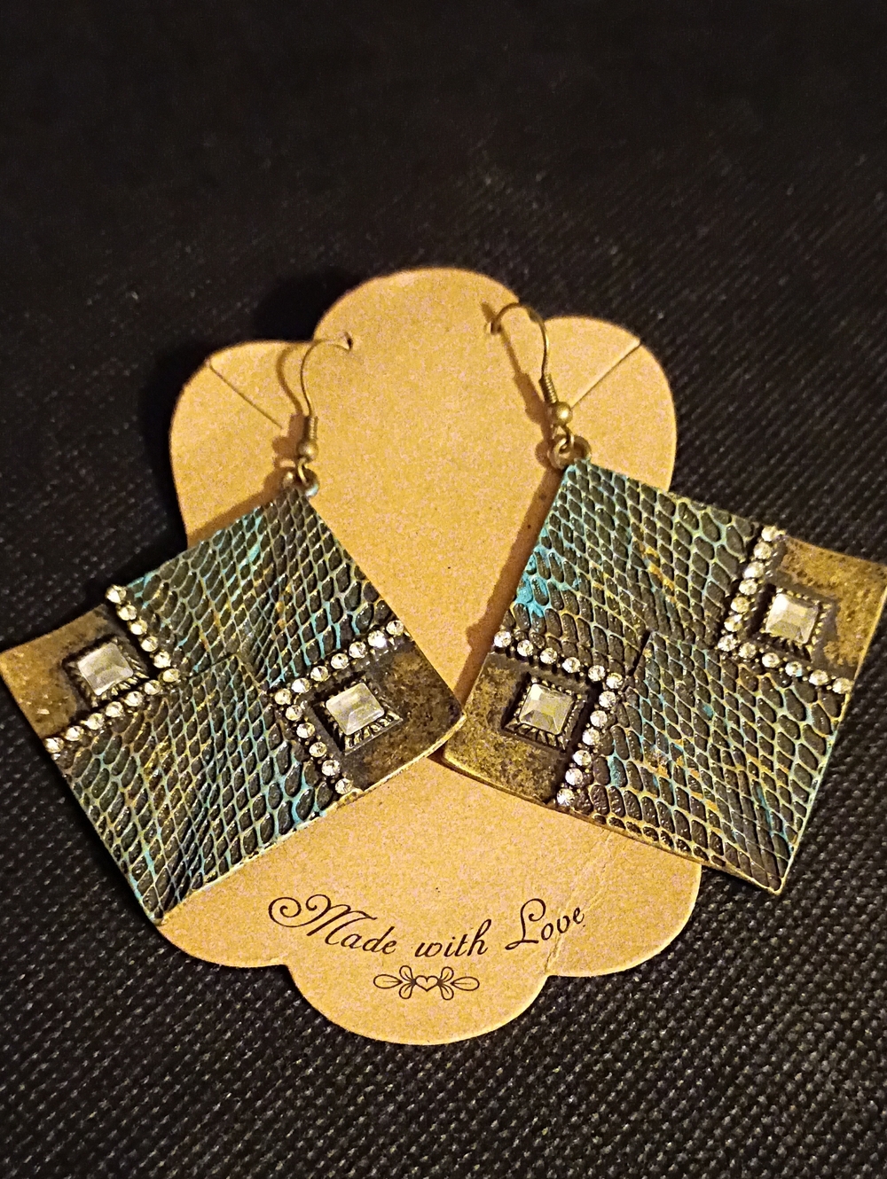 Handmade Teal and Gold Textured Square Drop Earrings